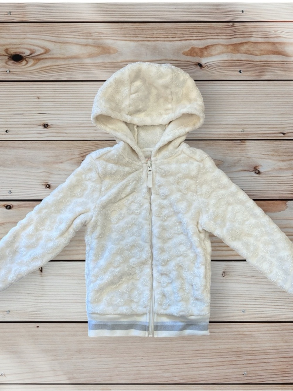 Girls Ivory White Sparkly Flower Soft Full Zip Hooded Sweatshirt Jacket XS 4-5